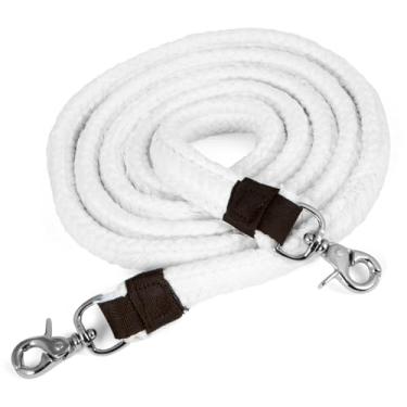Imagem de Jeffers Rédea de corda de algodão trança plana equina – rédea de cavalo ocidental de 2,5 cm de largura com laços de couro e pontas de pressão de tesoura – Aderência durável para corrida de barril