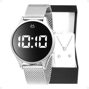 Imagem de Relogio Feminino Digital Aço Inox + Colar + Brincos + Caixa Original Led Casual Ajustav...