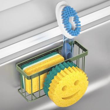 Imagem de MURLONG Suporte de esponja para rosto sorridente, organizador de pia com 2 ventosas/1 tira adesiva, projetado para esponja, sabão, escova de louça, esfregão - verde