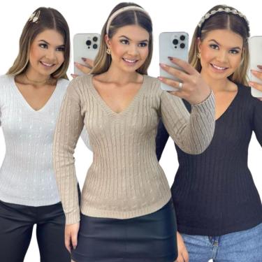 Imagem de Kit 3 Blusas FMF Femininas Suéter Malha Tricô Manga Longa-Feminino