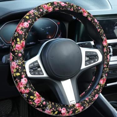 Imagem de Capa de volante de carro - Universal de 35 a 38 cm, couro preto com estampa rosa rosa e flor roxa