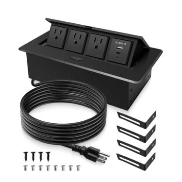 Imagem de Tomada de mesa de conferência pop-up com 3 saídas CA, porta USB-A e carregamento rápido USB-C PD20W, cabo de alimentação de 9,8 m, caixa de conexão de hub embutido para escritório, casa e espaços de