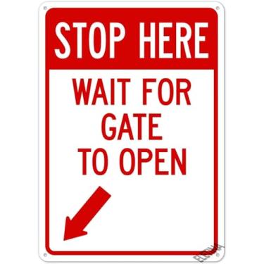 Imagem de Sinal de aviso Stop Here Wait for Gate to Open (com seta inferior esquerda) 30 x 20 cm placas de metal de alumínio