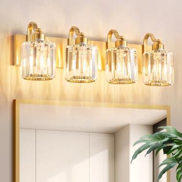 Imagem de Aixialin Luzes de cristal para banheiro, 4 luzes modernas sobre o espelho, luminárias de banheiro com acabamento dourado polido para espelho, quarto, sala de estar (exceto lâmpada)
