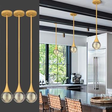 Imagem de 3 luzes pendentes ilha de cozinha, globo de ouro pintado cristal luzes penduradas no teto, luminárias de LED, varão de metal, iluminação pendente de vidro para cozinha, ilha, sala de jantar, bar