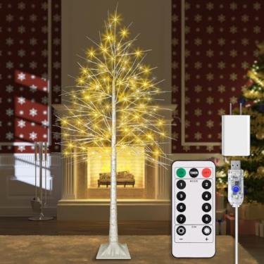 Imagem de Bétula de LED de 2,8 m com 192 luzes brancas quentes de bétula iluminada por LED com 8 modos de piscar e temporizador, árvores de LED reguláveis para decoração de casa, festa, casamento, Natal.