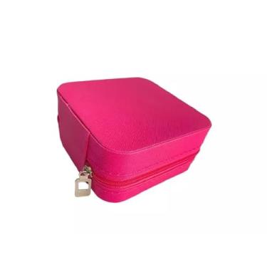 Imagem de Porta Jóias Compacto, Organizador de Bijuterias com Zíper, Estojo de Viagem em Couro Sintético, 10x10x5,5cm, Cores Variadas (Pink)