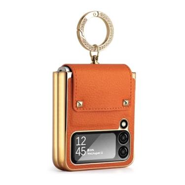 Imagem de Capa de couro liso para Samsung Galaxy Z Flip 6 5 4 3 5G Suporte de anel revestido com lente de vidro capa de filme para Z Flip5 Flip6, laranja, para Galaxy Z Flip 3