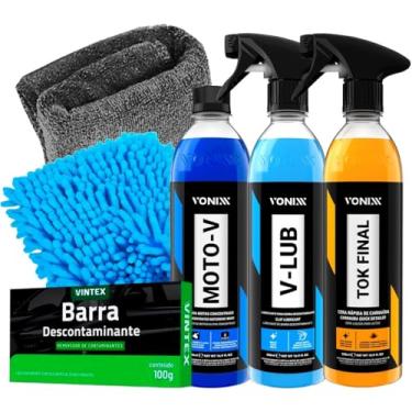 Imagem de Kit Descontaminação Automotiva Vonixx Tok Final V-Lub Moto-V V-Bar Vintex Toalha Microfibra Luva Tentáculos Karbox