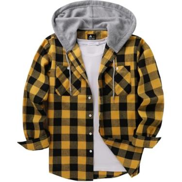 Imagem de Camisas Masculinas Com Capuz De Flanela Camisa Xadrez Casual Com Botões Para Homens Manga Comprida Elegante Com Capuz E Bolso, Yellow, 3XL