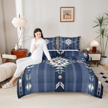 Imagem de Jogo de cama nativo do sudoeste, para crianças, meninos, meninas, geométrico, azul e cinza, tamanho casal, tribal, decoração de quarto, respirável, macio, leve, microfibra ocidental, 3 peças