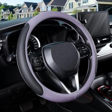 Imagem de SEG Direct Capa de volante para rodas de 37 a 38 cm, couro sintético respirável com laterais perfuradas, aderência antiderrapante, ajuste universal para carros e SUVs, preto e roxo claro