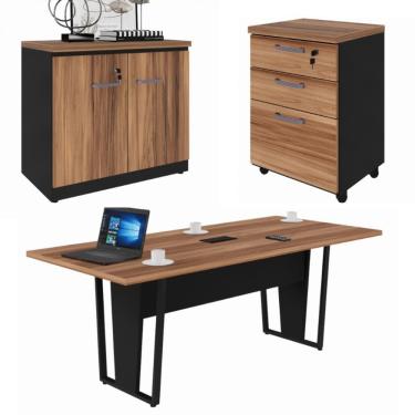Imagem de Conjunto Escritório Office Mesa Reunião Armário Baixo e Gaveteiro com Chave Cor Marrom/Preto - Yaris