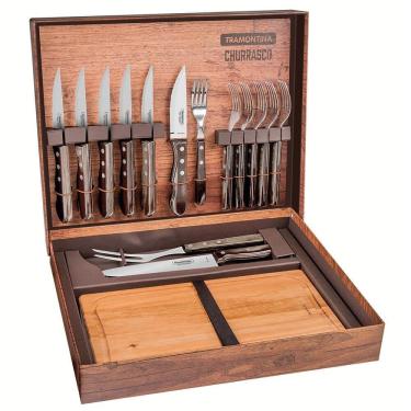 Imagem de Kit Para Churrasco Tramontina Aço Inox Cabos Madeira Polywood Castanho c/ Caixa De Papelão 15 Peças