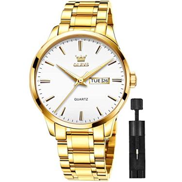 Imagem de OLEVS Relógio Masculino Clássico Casual Vestido Quartzo Relógio de Pulso Aço Inoxidável Data Impermeável Luminoso, Pulseira dourada e mostrador branco