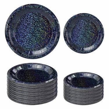 Imagem de FALIZIFU 50 peças de pratos de papel preto iridescente, 63 cm x 18 cm e 63 cm x 23 cm, descartáveis, preto, holográfico, para casamento, chá de bebê, aniversário, festa de Halloween, purpurina