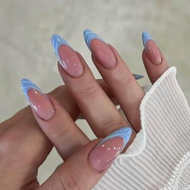 Imagem de RUOKEXIN 30 peças de unhas postiças de amêndoa com ponta francesa, unhas postiças azuis com designs 3D, unhas artificiais brilhantes, cola de comprimento médio nas unhas, prensas, bastões fofos para