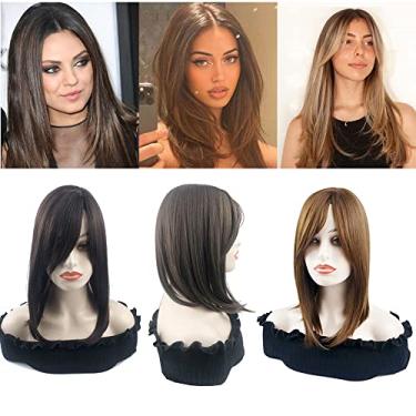 Imagem de Yfsmyxgs Topper de cabelo sintético natural com mistura lisa de 35,5 cm, clipe de base de renda com divisão lateral em Wiglet, cabeça inteira, peça livre de peruca. (nº 2 Jet Black)