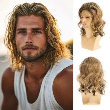 Imagem de Sallcks Perucas curtas loiras encaracoladas para homens, comprimento médio, aparência natural, resistente ao calor, peruca sintética para fantasias de festa diária