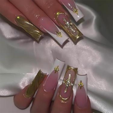 Imagem de RTKHFZE Unhas quadradas de pressão – Longo, design 3D, ponta francesa, para mulheres e meninas, 24 peças (branco francês)