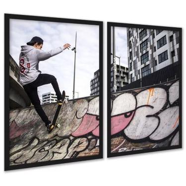 Imagem de Kit 2 Quadros Skatista Manobra Rampa Grafite 24X18Cm - Vidro