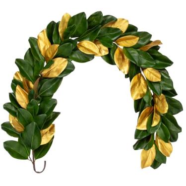 Imagem de Guirlanda de Natal artificial de 1,8 m de altura dourada e magnólia verde para pendurar para decoração de Natal para decoração de porta de mesa de Ação de Graças