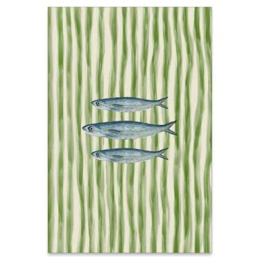 Imagem de Impressão de sardinhas arte de parede de cozinha moderna pôster listrado verde retrô moderno comida estética para casa sala de jantar café decoração de parede 40 x 61 cm sem moldura