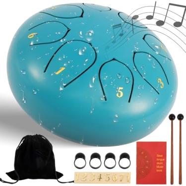 Imagem de KHZSPP Tambor de língua de aço de 15 cm de diâmetro com baquetas e manga de dedo Tambor de chuva de 8 tons à prova de ferrugem para pátio externo de jardim, mini tambor de mão para crianças e adultos