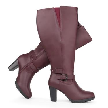 Imagem de Chicblooms Botas Sociais Femininas Plus Size, Salto Alto, Cano Com Fivela No Tornozelo, Cor Vinho, Pu, 7 M Eua
