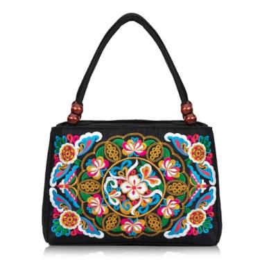 Imagem de Bolsa de ombro étnica bordada dupla face bolsa de praia vintage bordada, Flor amarela