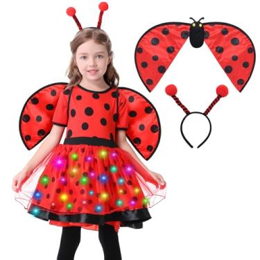 Imagem de Fantasia de joaninha iluminada para meninas, vestido de joaninha infantil e roupa de asa para crianças, cosplay de Halloween, festa de aniversário, elfo, conjunto com faixa de cabeça