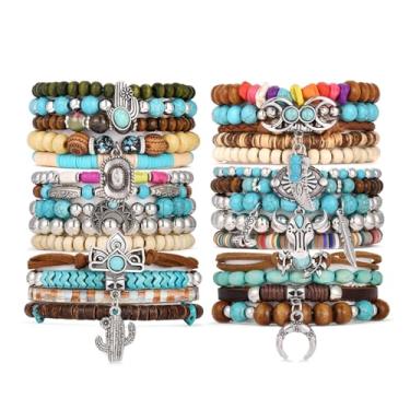 Imagem de COLOYAN 6 conjuntos de pulseiras ocidentais femininas empilháveis, pulseiras boêmias com berloques elásticos, joias ocidentais vintage turquesa, Adjustable, Sem Pedra Preciosa