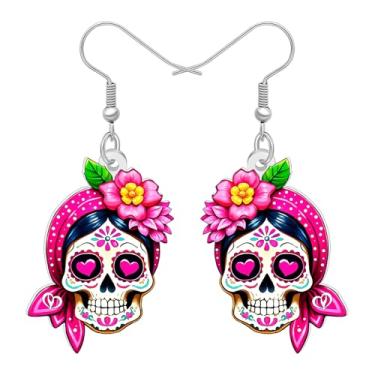 Imagem de DALANE Novidade presentes de Halloween brincos pendentes de caveira de açúcar para mulheres, design gótico de acrílico floral assustador dia dos mortos, fantasia gótica de Halloween, Medium, Acrílico
