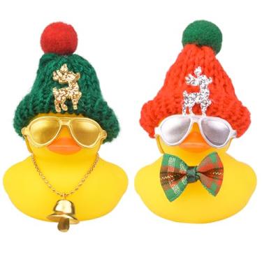 Imagem de MuMyer Enfeites de carro de pato de borracha, pacote com 2, decorações de painel de carro de pato amarelo para presentes de Natal, decoração de ano novo com mini chapéu de Natal colar e óculos de sol