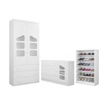 Imagem de Roupeiro 2 Porta e Gavetas + Cômoda Algodão Doce MDF + Sapateira Bella