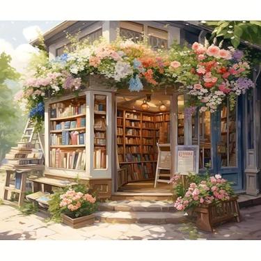 Imagem de TAOPAOLAB Kit de pintura vintage de livraria por números para adultos – Pintura de livraria aconchegante DIY em tela 40,6 x 50,8 cm, conjunto de tinta acrílica, adequado para iniciantes, kit de arte