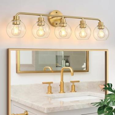 Imagem de Luminária de banheiro com 5 arandelas de parede douradas, luzes de latão escovado com cortinas de vidro globo transparente, lâmpada de parede de banho para espelho, cozinha, sala de estar, quarto