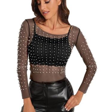 Imagem de Blusa feminina de malha de manga comprida transparente com strass pero