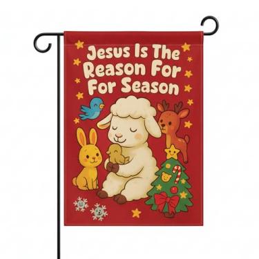 Imagem de Flagmeup8386 Jesus Is the Reason Bandeira de jardim dupla face 30 x 45 cm, cordeiro pintinho, coelho, rena, árvore de Natal religiosa, decoração de quintal ao ar livre, decoração de casa pequena