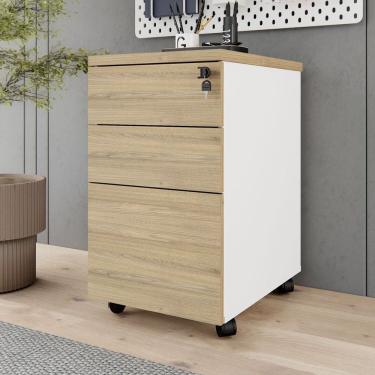 Imagem de Gaveteiro Móvel Escritório 3 Gavetas e Chave com Rodízios e Puxadores Metálicos Corporate Macadâmia/Branco