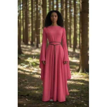 Imagem de Vestido medieval viscolycra salmão rose com forro leve mangas longas d