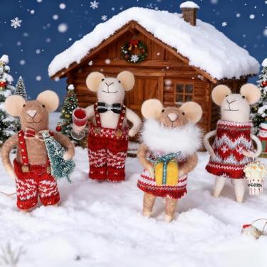 Imagem de Watereem Conjunto de 4 enfeites de rato de feltro de Natal, mini ratos de 12,7 cm com suéter vermelho para pendurar na árvore de Natal, decoração de mesa de Natal, artesanato com animais para presente