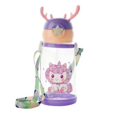 Imagem de Garrafa Infantil Squeeze com Canudo 600ml à Prova de Vazamentos, Tampa Alce, com Alça (Lilás)