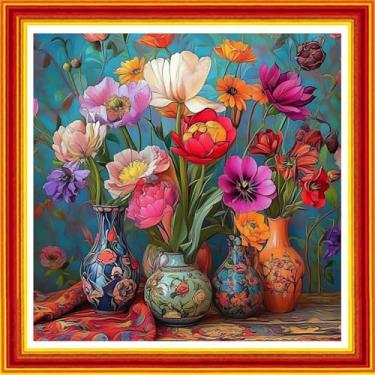 Imagem de Disnesart Kits de bordado completo com ponto cruz, faça você mesmo, 11 quilates, fio de algodão, impresso, kit de bordado, conjunto de bordado de ponto cruz, vaso de flores colorido, 45,7 x 45,7 cm