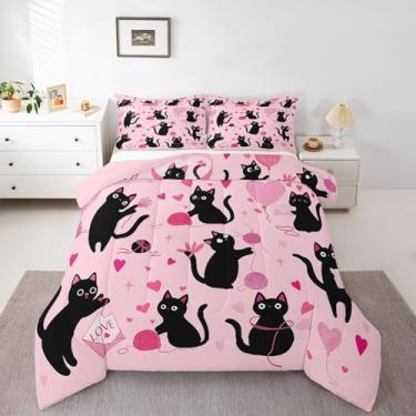 Imagem de Jogo de cama infantil de gato fofo, 2 peças, decoração de corações românticos, dia dos namorados, para meninas e mulheres, conjunto de edredom com estampa de grafite rosa e 1 fronha