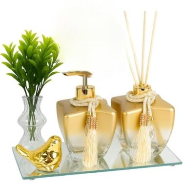 Imagem de Kit Banheiro Lavabo Frascos de Vidro Estrela 280ml Decoração Super Luxo C/Bandeja (Degrade Dourado Pássarinho)