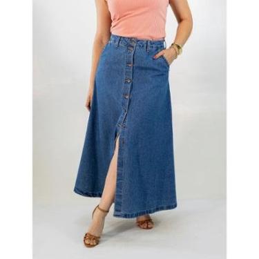 Imagem de Saia Longa Jeans Feminina Evasê Cintura Alta Botões Anticorpus-Feminino