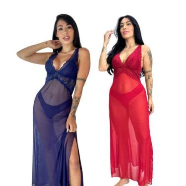 Imagem de Kit 2 Camisolas Tule Transparente Longa com Renda Sensual e Elegante C