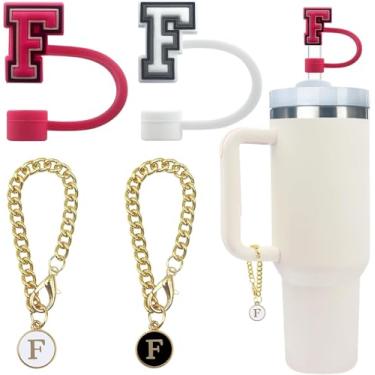 Imagem de 4 peças de acessório de garrafa de água com letras fofas compatíveis com copos Stanley, tampa de cobertura de canudo à prova de poeira de silicone, pingente de chaveiro de copo personalizado