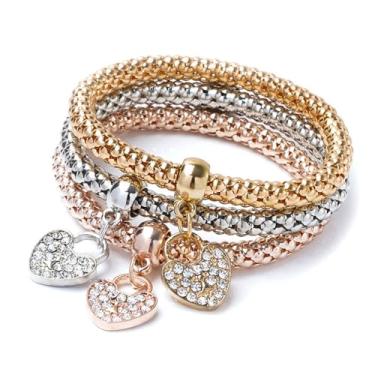 Imagem de 3 pulseiras femininas de várias camadas com pingente de coração de diamante empilhado árvore da vida coração pulseira elástica, Heart 01, Liga de aço, Sem Pedra Preciosa